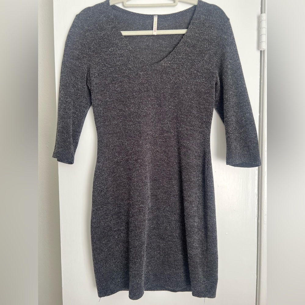 Stretchy, Ribbed Charcoal Gray/Black Short Dress